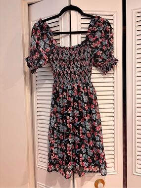 Smocked Puff-Sleeve Mini Dress in Black with Pink & Blue Floral Print